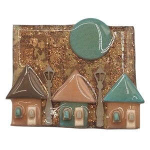 Vtg Brooch House Pins by‎ Lucinda Stoneware Enamel 90s House Home Urban Signed